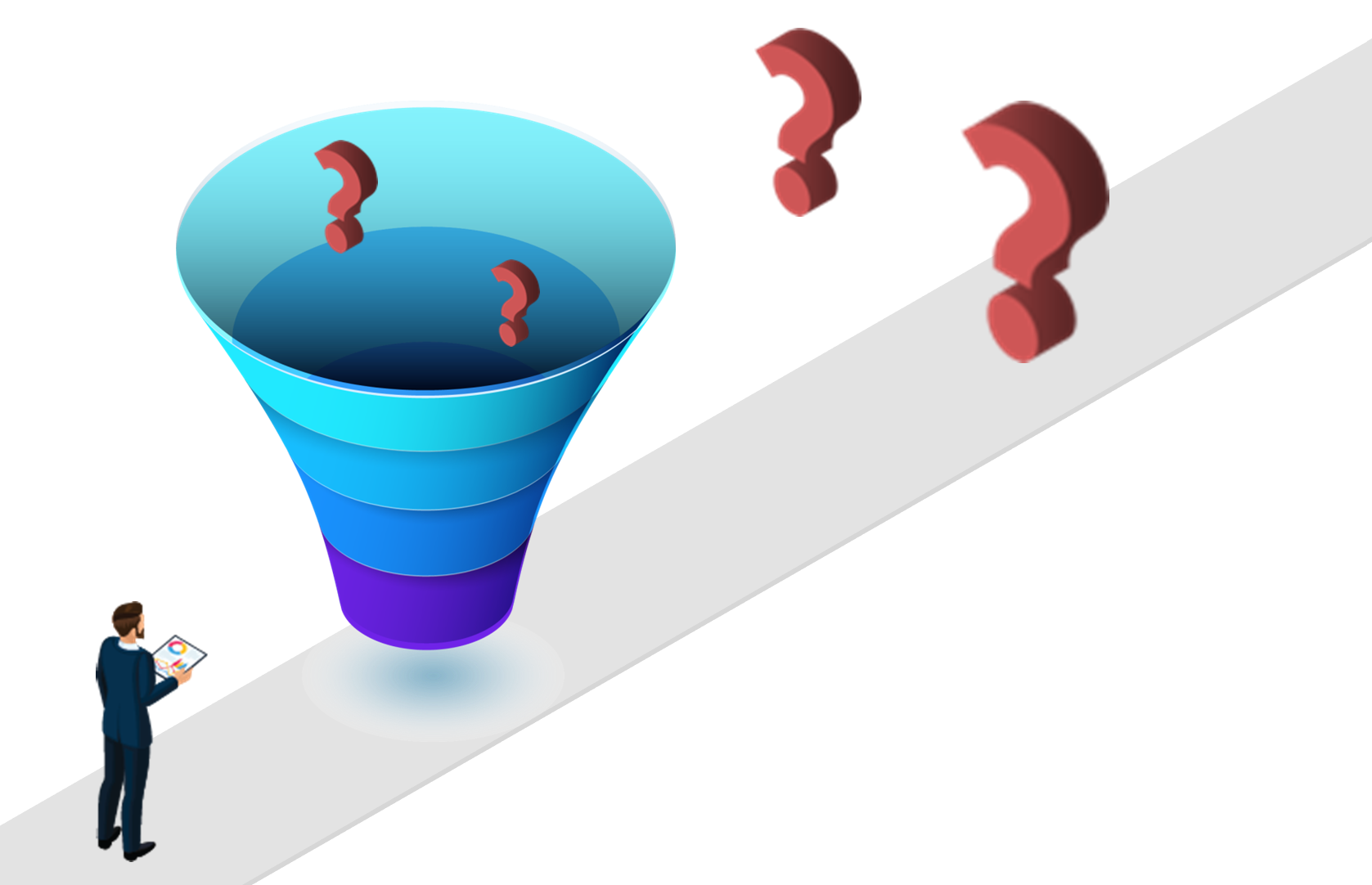 A man standing infront of a large funnel with question marks flowing into it.