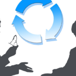 Two silhouettes having a conversation with a circle of blue arrows behind them