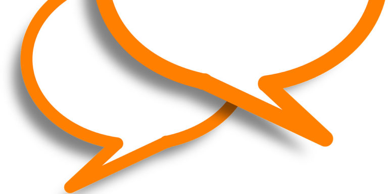 Two white speech bubbles with orange outlines overlapping.