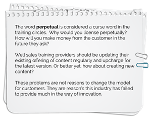 An image of notebook paper with an explanation of the word what “perpetual” means in sales.
