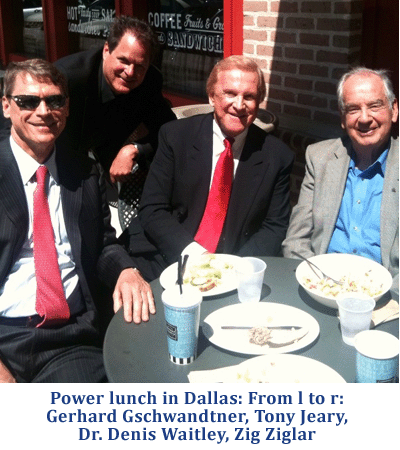 A photo of Gerhard, Zig, and Dr. Waitley at lunch
