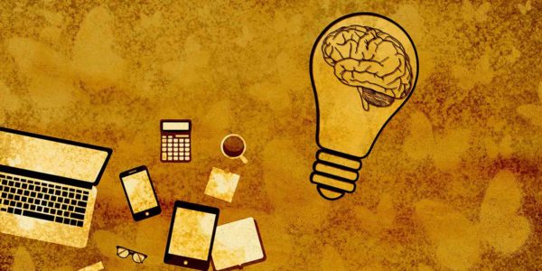 A brain inside a lightbulb next to a laptop, smart phone, and a tablet.