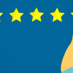 Five gold stars on a blue background with a hand pointing to the star on the very left.