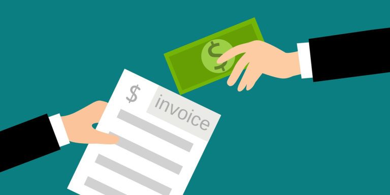 An illustration of an invoice being traded for a cash payment.