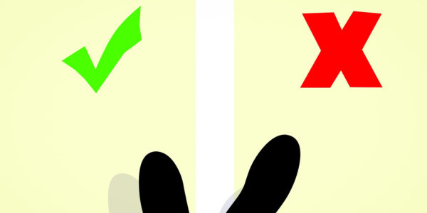 A person standing on a blue line, on one side is a green check mark, on the other is a red x.