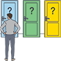 Seven doors of all different colors stand in front of a person