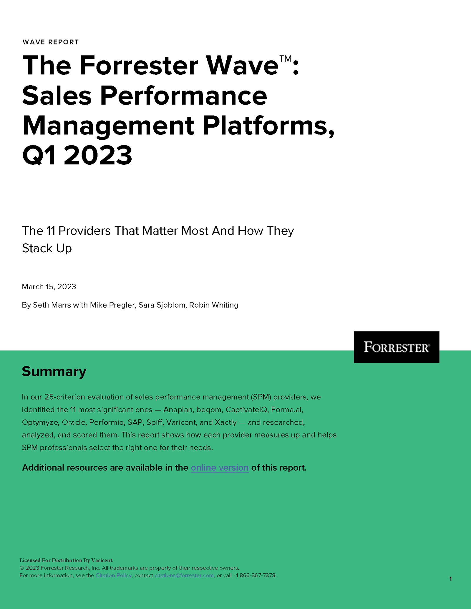 Cover of The Forrester Wave™: Sales Performance Management Platforms Report