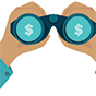 Hands holding up binoculars with money signs on the lens.