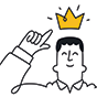 A man smiles as he points to a gold crown above his head