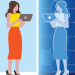 Two identical cartoon women stand holding laptop.