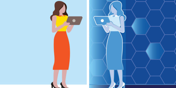 Two identical cartoon women stand holding laptop.