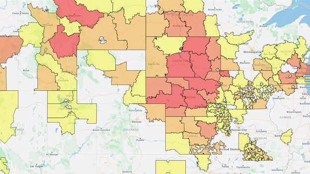 A screenshot of different colored counties on a map.