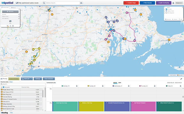 A screenshot of a map with different colored pin drops connected to each other on a map.