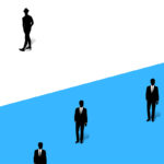 Seven people in suits stand inside of a rectangle that is divided by a blue triangle