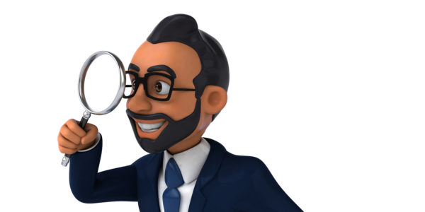 An animated man in a suit holds up a magnifying glass.