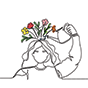 A continuous line drawing of a woman watering flowers that are growing on top of her head.