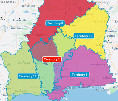 A map showing five territories in different colors.