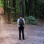A man stands at a fork in the woods where one path is bright and the other path is dark.