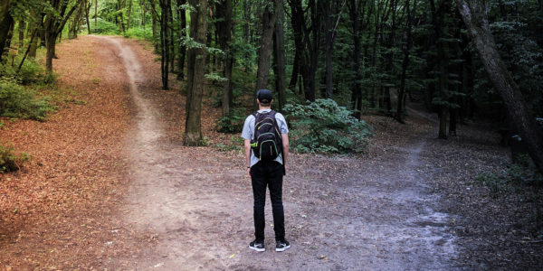 A man stands at a fork in the woods where one path is bright and the other path is dark.