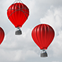 Five red hot air balloons with one higher than the rest.