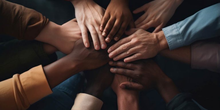 A collection of diverse hands stacked in circle.