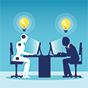 A robot and a human sitting at desks in front of one another with yellow light bulbs over their head.