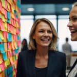 Two women reviewing a wall covered in post-it notes.