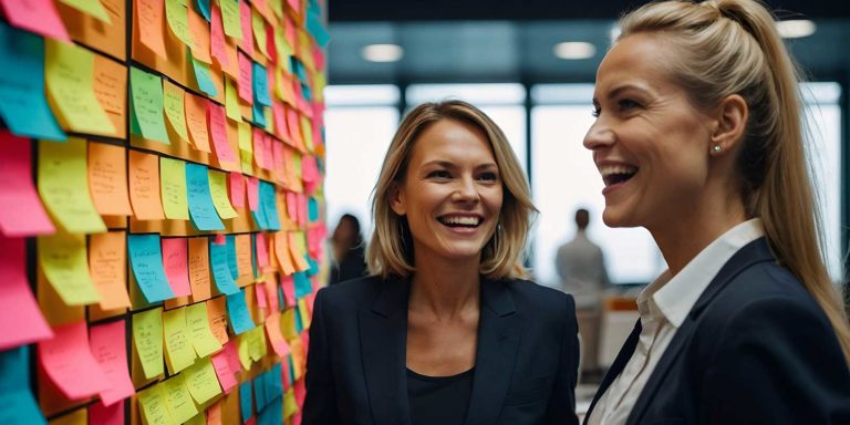 Two women reviewing a wall covered in post-it notes.