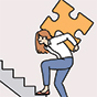 A woman carries a big yellow puzzle piece on her back upstairs.