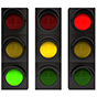 Three stoplights with green, yellow and red lights lit up.