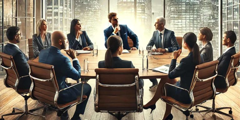 Ten business people sit around a table and listen while one person talks.