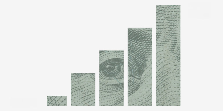 A bar graph with image of a dollar bill used in the bars.