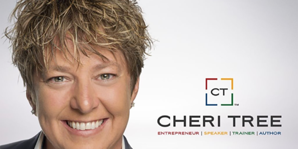 A headshot of Cheri Tree with her brand logo on the right side.