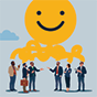 Six people stand under a connected yellow smiley face.