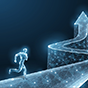 A person runs along a blue line ending in an arrow.