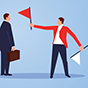 A person holds a red flag up to another person while holding a second white flag.